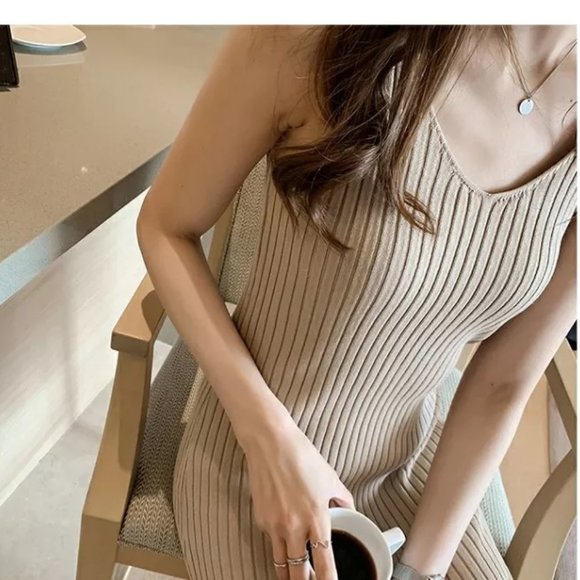 Daily Use Maxi - Knitted Ribbed Sleeveless Maxi Dress - Soft Apricot color - Picture 3 of 13